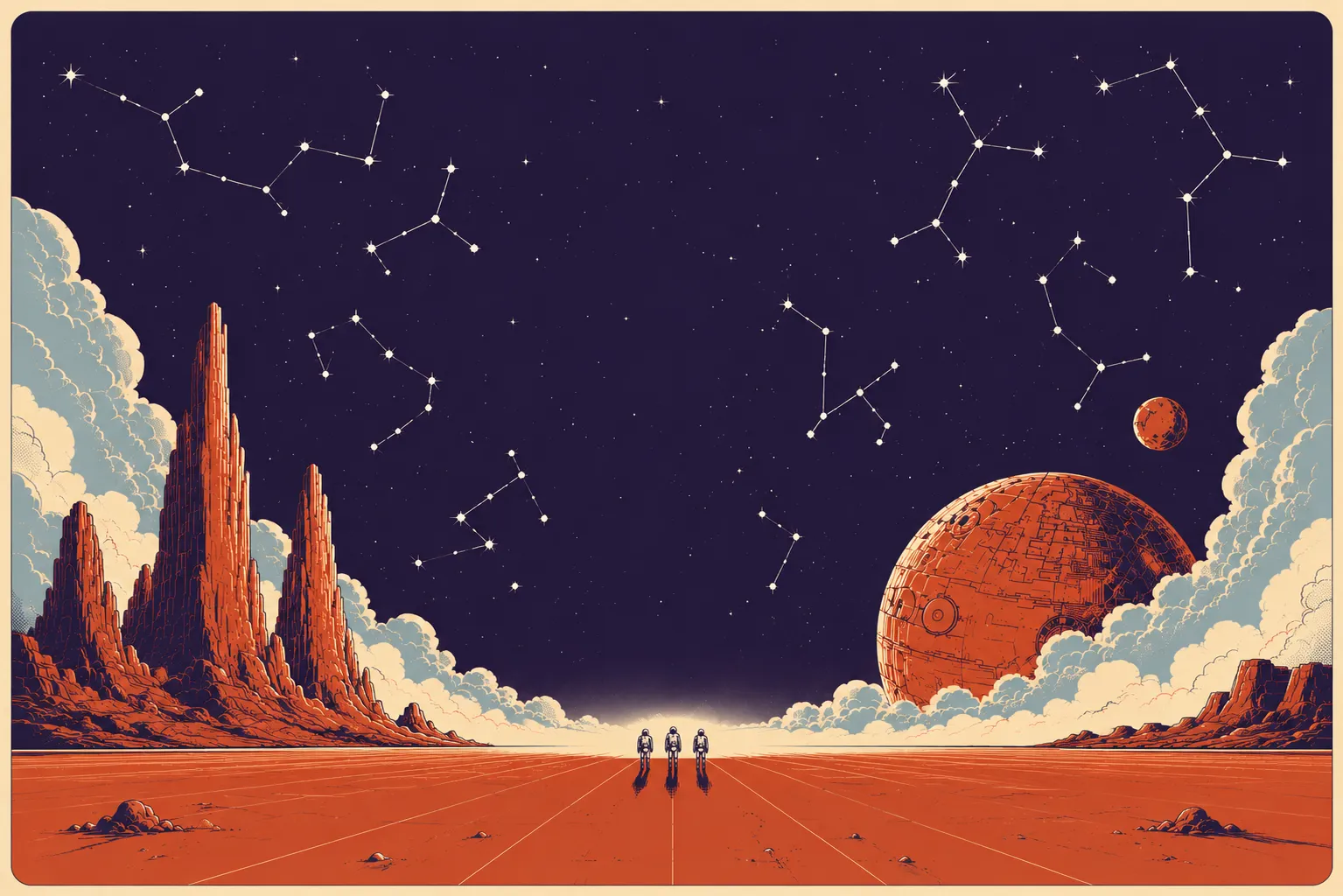 Three astronauts on a vast desert plain beneath a starlit sky, with towering rock spires and a planet rising on the horizon.